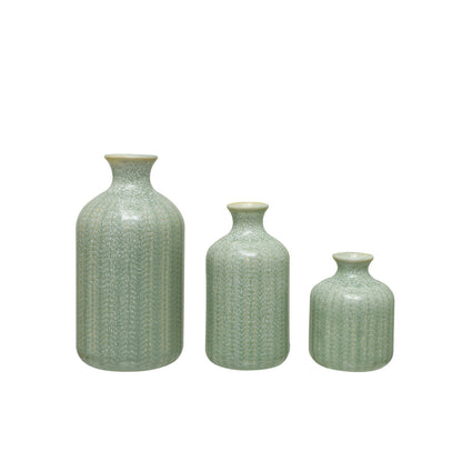 Embossed Stoneware Vases, Grey, Set of 3 (Each One Will Vary)