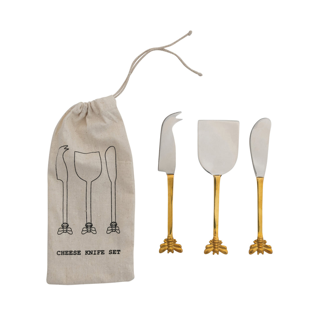 Stainless Steel &amp; Brass Cheese Knives, Set of 4 in Drawstring Bag
