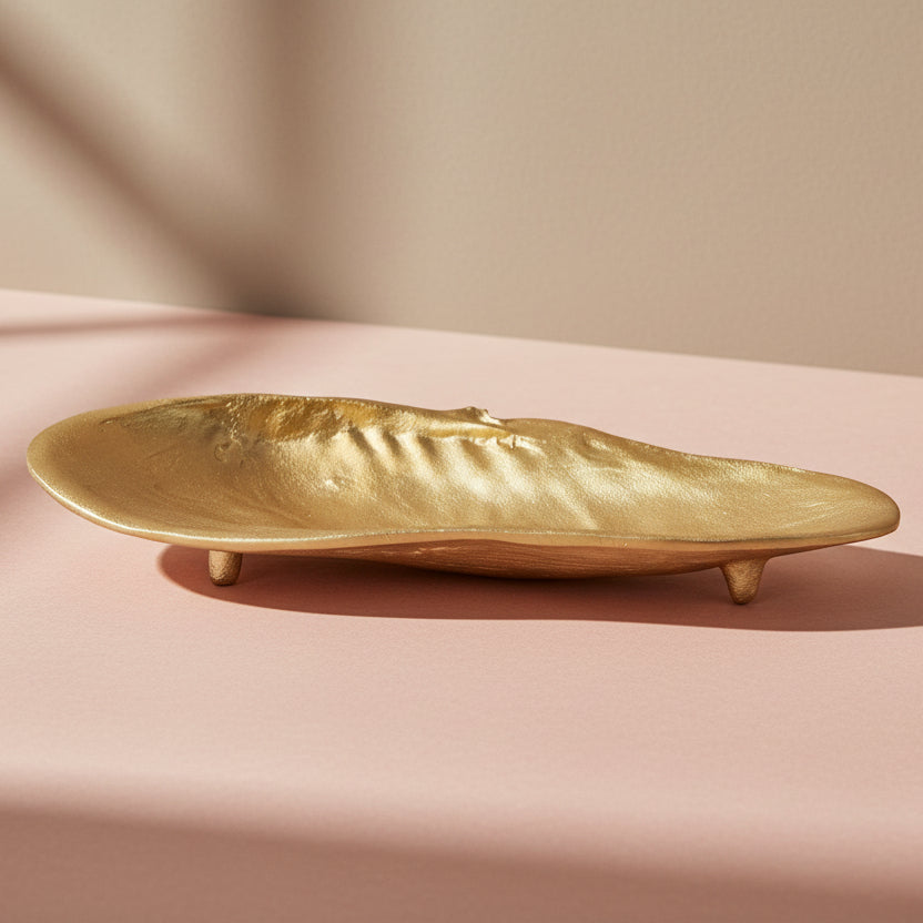 Decorative Cast Aluminum Footed Shell Shaped Tray, Gold Finish