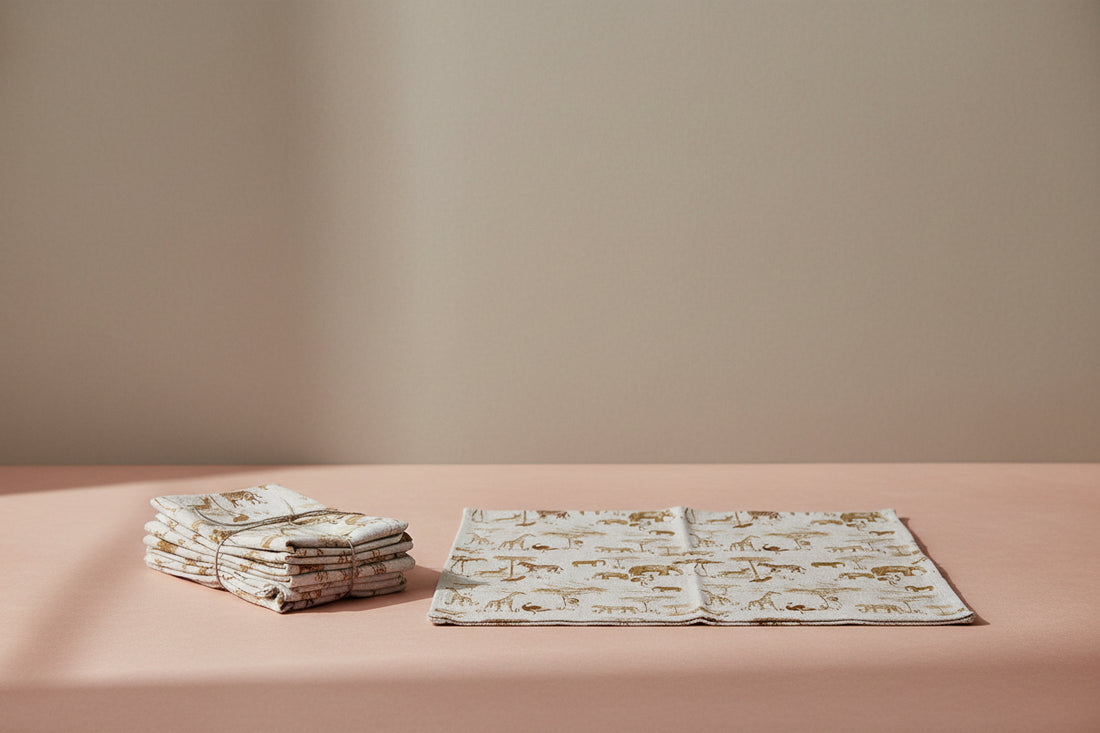 Cotton &amp; Linen Napkins with Safari Animals, Set of 4 Tied with Jute