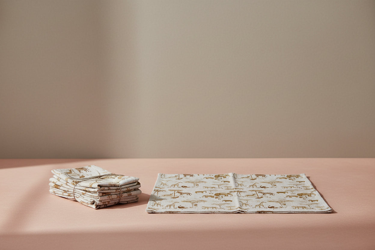 Cotton &amp; Linen Napkins with Safari Animals, Set of 4 Tied with Jute