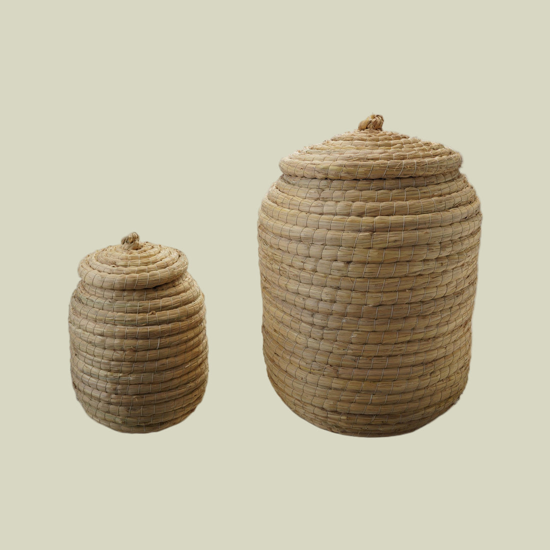 Hand-Woven Straw Baskets with Lids, Natural, Set of 2
