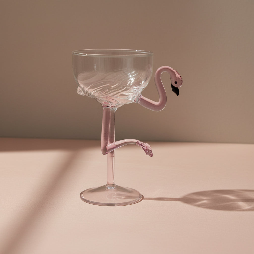 8 oz. Hand-Blown Stemmed Flamingo Wine Glass, Pink &amp; Black