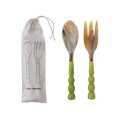 Natural Horn Salad Servers w/ Marbled Resin Handles, Set of 2 in Bag (Each One Will Vary)