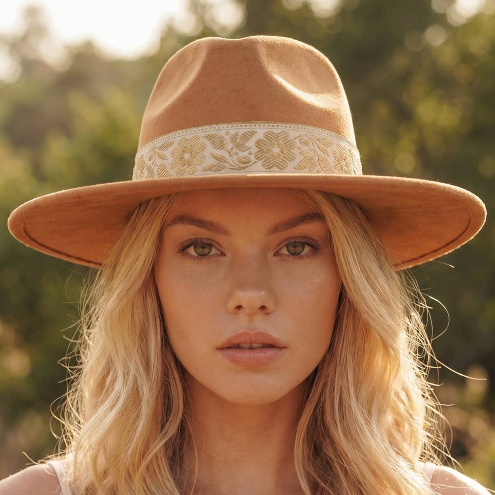 Wide Brim Felt Hat With Floral Ribbon Band - Salt &amp; Creek