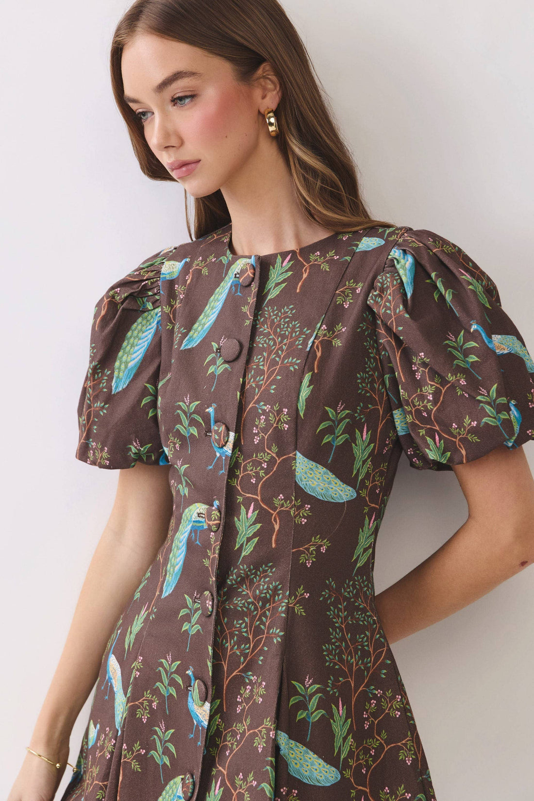 Peacock Print Puff Sleeve Button Down Mini Dress - Salt &amp; Creek
