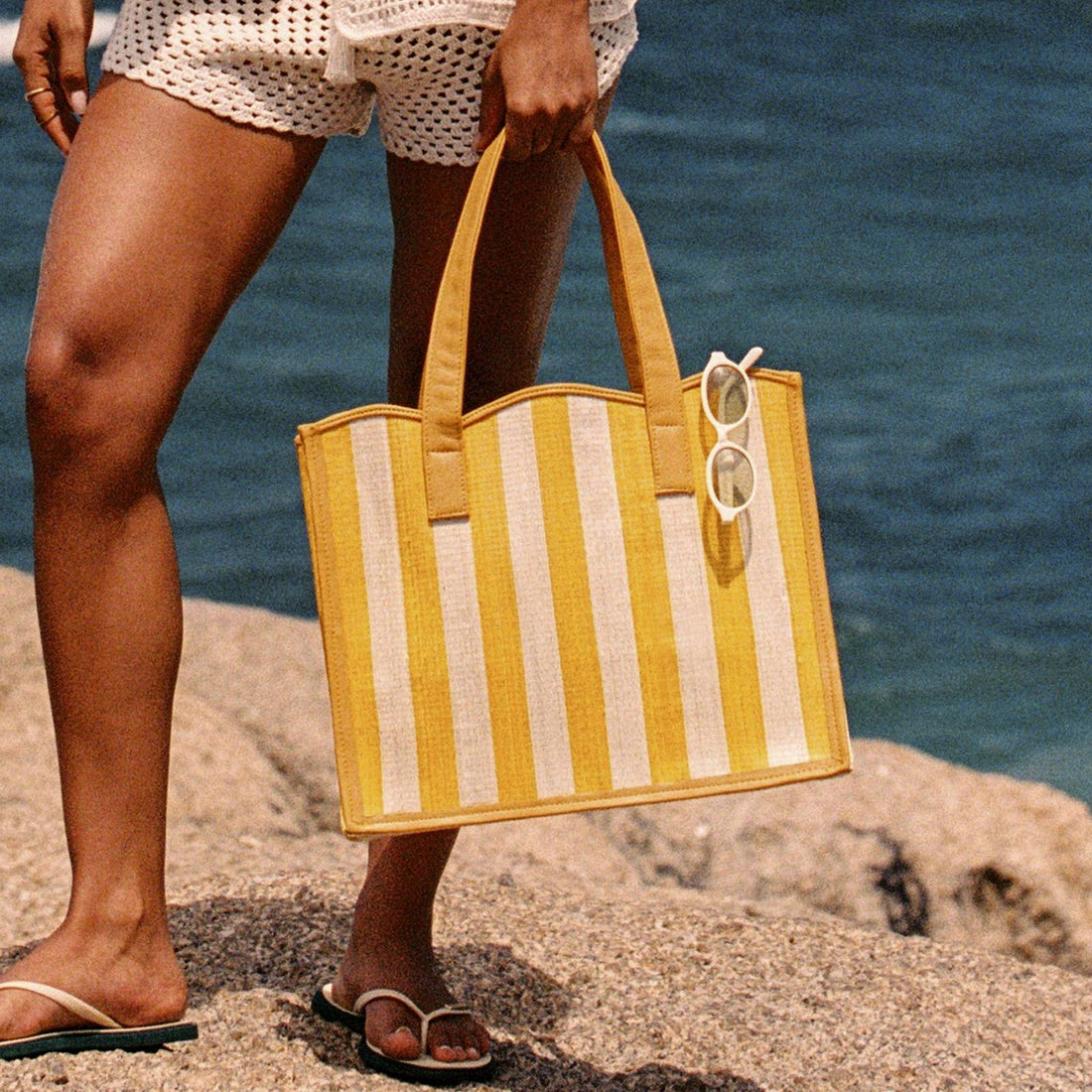 Large Yellow &amp; Cream Striped Shopping Tote | Scalloped Edge - Salt &amp; Creek