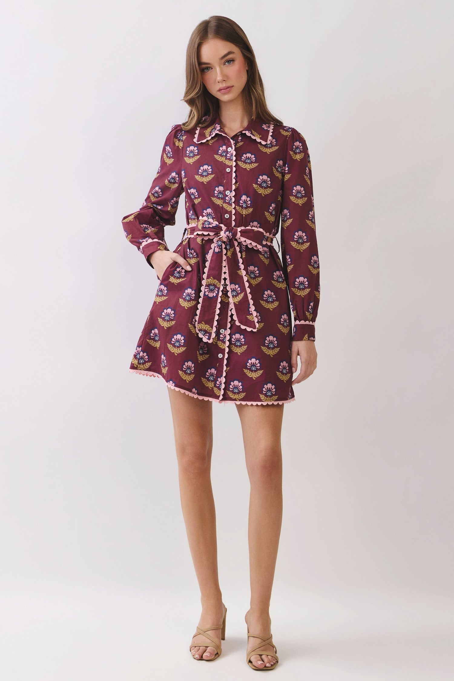 Scallop Trim Detail Printed Shirt Mini Dress - Salt &amp; Creek