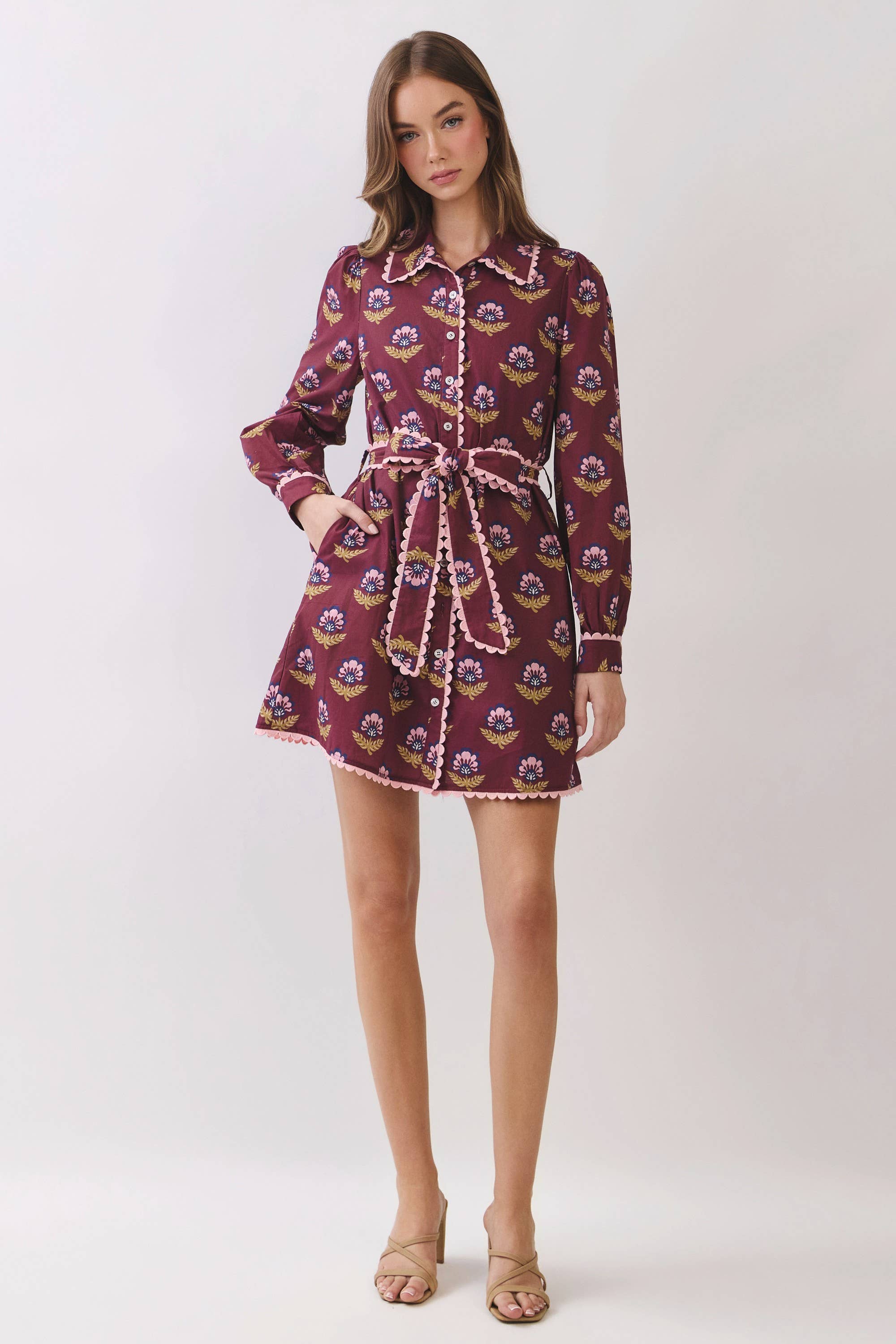 Scallop Trim Detail Printed Shirt Mini Dress - Salt &amp; Creek