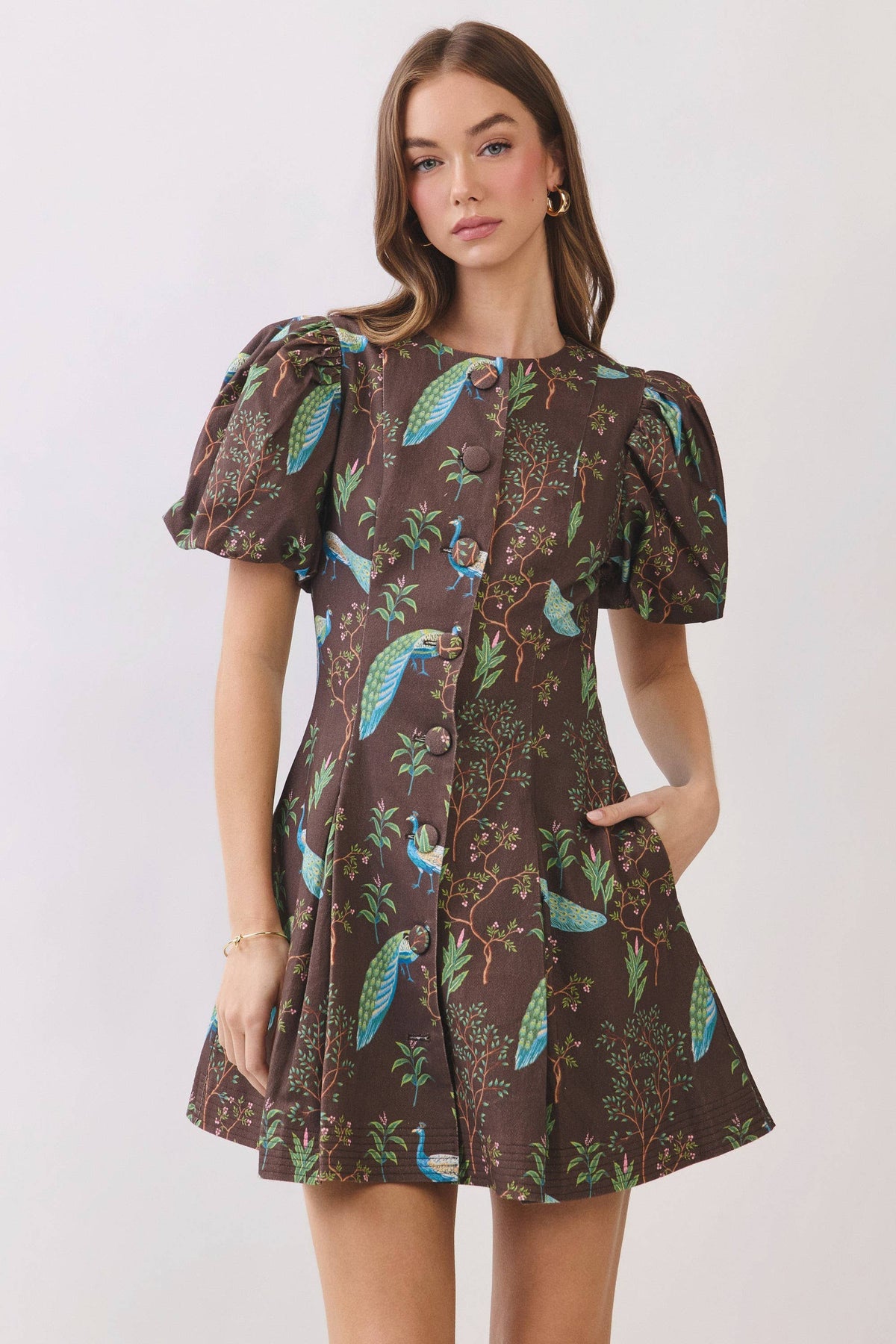 Peacock Print Puff Sleeve Button Down Mini Dress - Salt &amp; Creek
