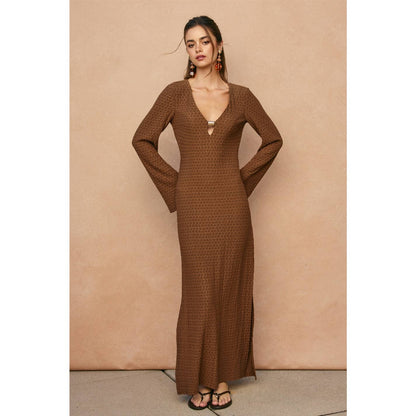 Ecru Escape Gold Trim Bell Sleeve Maxi Dress - Salt &amp; Creek