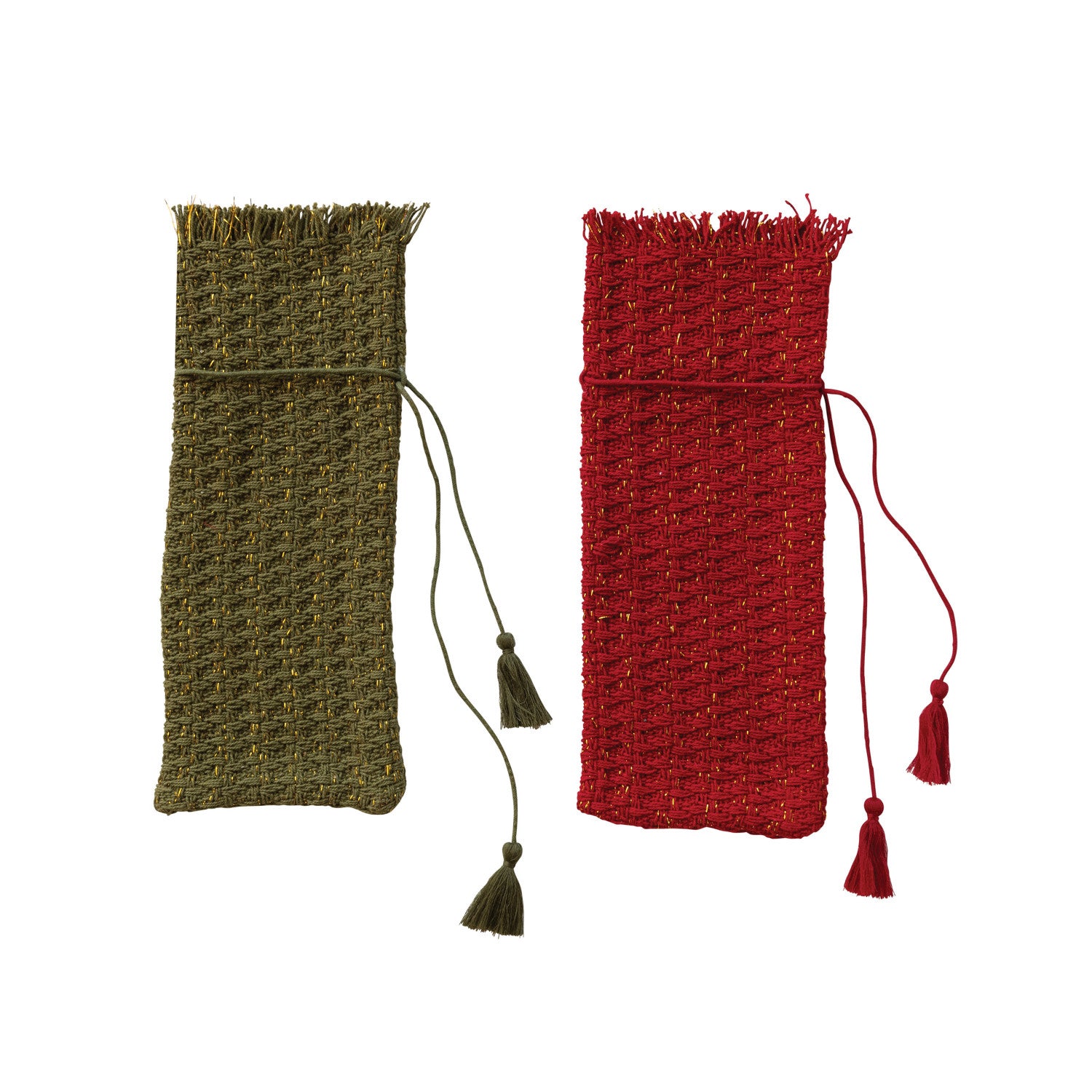 Woven Cotton Wine Bag w/ Metallic Gold Thread &amp; Tassels, 2 Colors